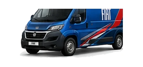 Fiat Ducato in blue with custom van vinyl graphics, front three-quarter view.