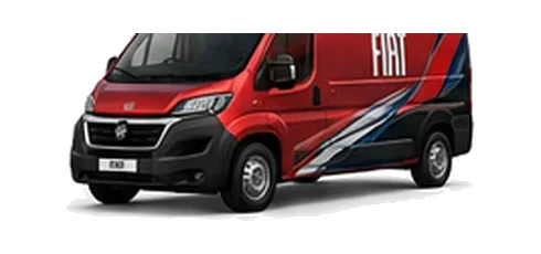 Fiat Ducato in red with custom van vinyl graphics, front three-quarter view.