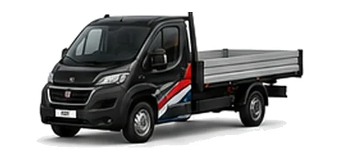 Fiat Ducato Dropside in black with custom van vinyl graphics, front three-quarter view.