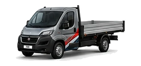 Fiat Ducato Dropside in grey with custom van vinyl graphics, front three-quarter view.