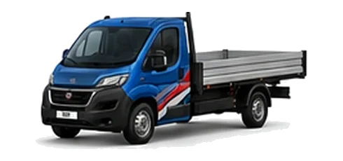 Fiat Ducato Dropside in blue with custom van vinyl graphics, front three-quarter view.