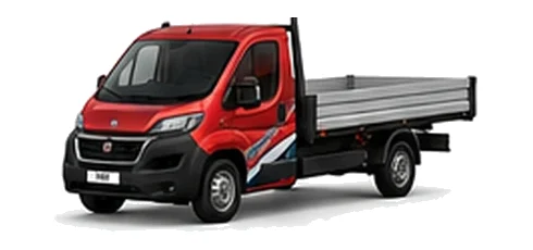 Fiat Ducato Dropside in red with custom van vinyl graphics, front three-quarter view.