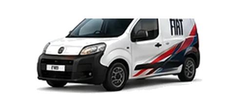 Fiat Fiorino in white with custom van vinyl graphics, front three-quarter view.