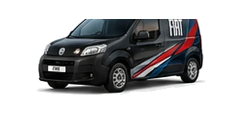 Fiat Fiorino in black with custom van vinyl graphics, front three-quarter view.