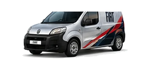 Fiat Fiorino in silver with custom van vinyl graphics, front three-quarter view.