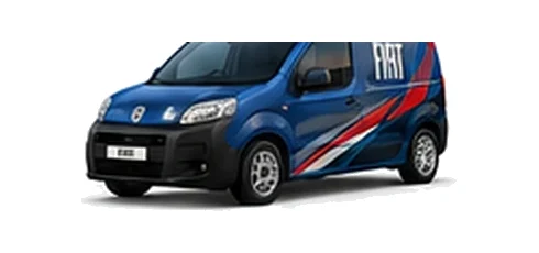 Fiat Fiorino in blue with custom van vinyl graphics, front three-quarter view.