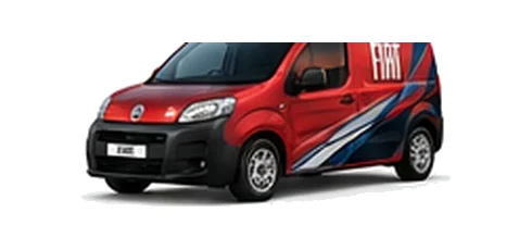 Fiat Fiorino in red with custom van vinyl graphics, front three-quarter view.