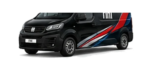 Fiat Scudo in black with custom van vinyl graphics, front three-quarter view.