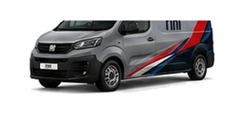 Fiat Scudo in grey with custom van vinyl graphics, front three-quarter view.