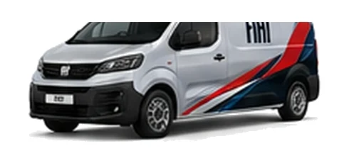 Fiat Scudo in silver with custom van vinyl graphics, front three-quarter view.