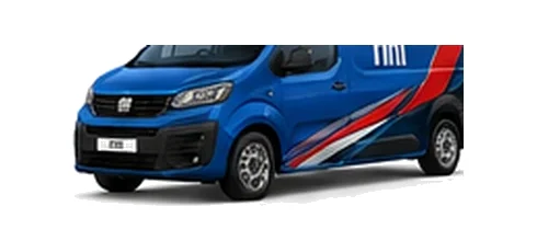 Fiat Scudo in blue with custom van vinyl graphics, front three-quarter view.