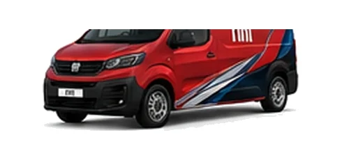 Fiat Scudo in red with custom van vinyl graphics, front three-quarter view.