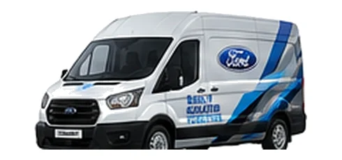 Ford Transit in white with custom van vinyl graphics, front three-quarter view.