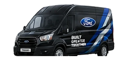 Ford Transit in black with custom van vinyl graphics, front three-quarter view.
