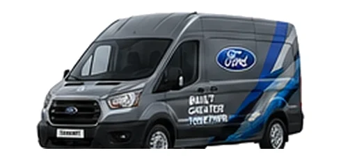 Ford Transit in grey with custom van vinyl graphics, front three-quarter view.