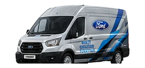 Ford Transit in silver with custom van vinyl graphics, front three-quarter view.