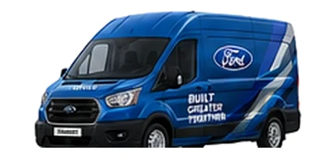 Ford Transit in blue with custom van vinyl graphics, front three-quarter view.
