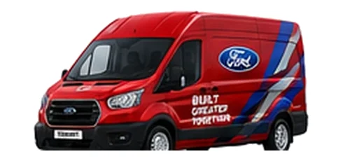 Ford Transit in red with custom van vinyl graphics, front three-quarter view.