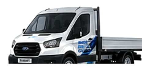 Ford Transit Chassis Cab in white with custom van vinyl graphics, front three-quarter view.