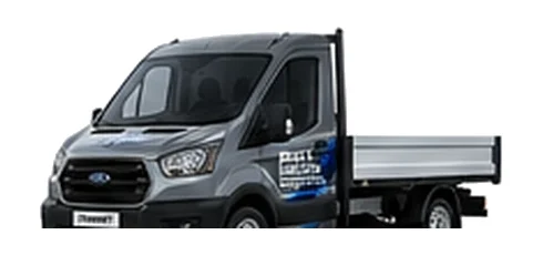 Ford Transit Chassis Cab in grey with custom van vinyl graphics, front three-quarter view.