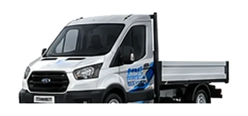 Ford Transit Chassis Cab in silver with custom van vinyl graphics, front three-quarter view.