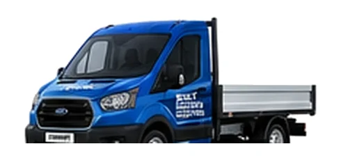Ford Transit Chassis Cab in blue with custom van vinyl graphics, front three-quarter view.