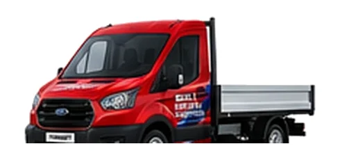 Ford Transit Chassis Cab in red with custom van vinyl graphics, front three-quarter view.