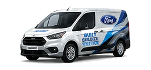 Ford Transit Connect in white with custom van vinyl graphics, front three-quarter view.