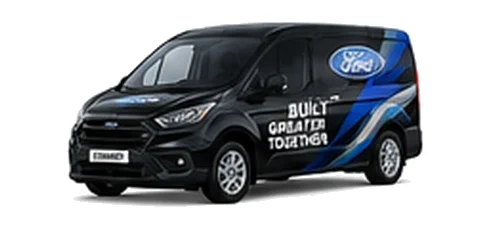 Ford Transit Connect in black with custom van vinyl graphics, front three-quarter view.