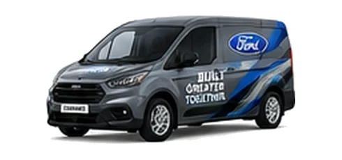 Ford Transit Connect in grey with custom van vinyl graphics, front three-quarter view.
