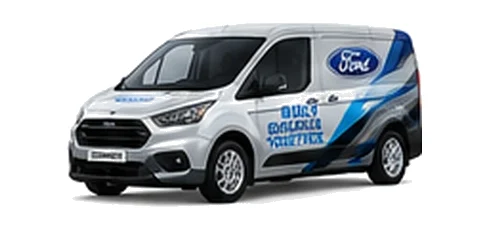 Ford Transit Connect in silver with custom van vinyl graphics, front three-quarter view.
