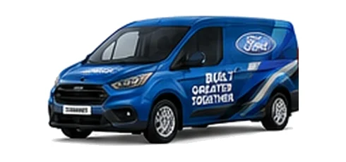 Ford Transit Connect in blue with custom van vinyl graphics, front three-quarter view.