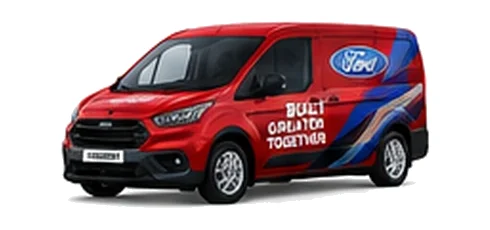 Ford Transit Connect in red with custom van vinyl graphics, front three-quarter view.