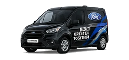 Ford Transit Courier in black with custom van vinyl graphics, front three-quarter view.