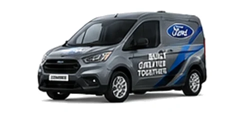 Ford Transit Courier in grey with custom van vinyl graphics, front three-quarter view.