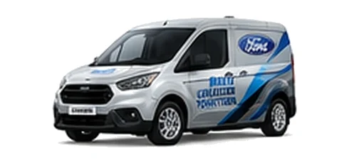 Ford Transit Courier in silver with custom van vinyl graphics, front three-quarter view.