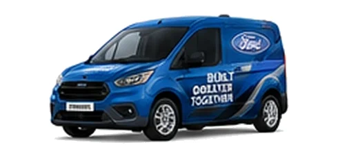 Ford Transit Courier in blue with custom van vinyl graphics, front three-quarter view.