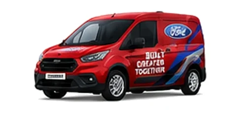Ford Transit Courier in red with custom van vinyl graphics, front three-quarter view.