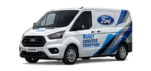 Ford Transit Custom in white with custom van vinyl graphics, front three-quarter view.