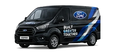 Ford Transit Custom in black with custom van vinyl graphics, front three-quarter view.