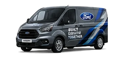 Ford Transit Custom in grey with custom van vinyl graphics, front three-quarter view.