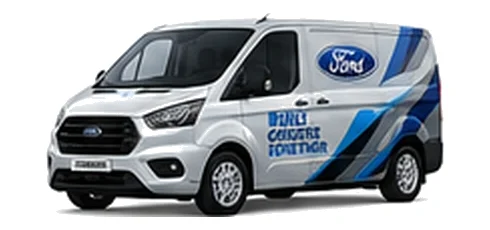 Ford Transit Custom in silver with custom van vinyl graphics, front three-quarter view.
