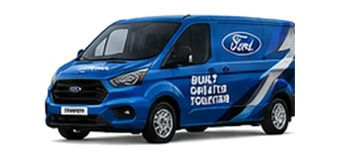 Ford Transit Custom in blue with custom van vinyl graphics, front three-quarter view.