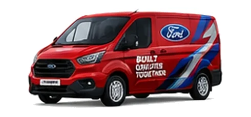 Ford Transit Custom in red with custom van vinyl graphics, front three-quarter view.