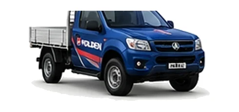 Holden Colorado Cab Chassis in blue with custom van vinyl graphics, front three-quarter view.