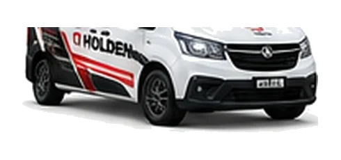 Holden Combo Cargo in white with custom van vinyl graphics, front three-quarter view.