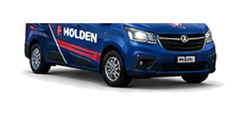 Holden Combo Cargo in blue with custom van vinyl graphics, front three-quarter view.