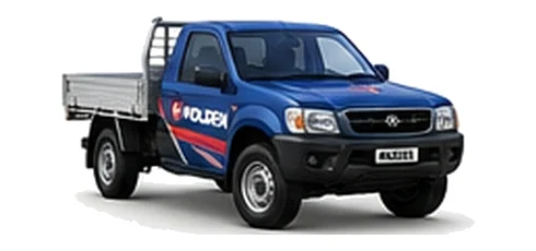 Holden Rodeo Cab Chassis in blue with custom van vinyl graphics, front three-quarter view.