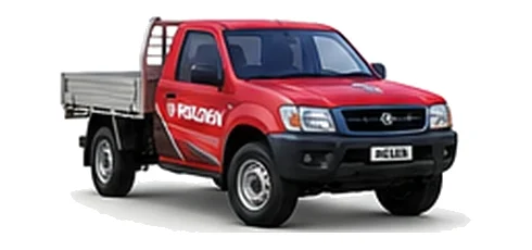 Holden Rodeo Cab Chassis in red with custom van vinyl graphics, front three-quarter view.