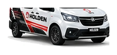 Holden Trafic in white with custom van vinyl graphics, front three-quarter view.